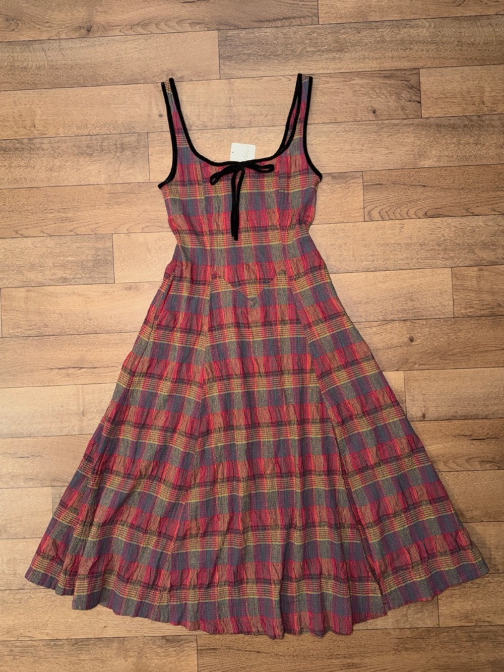 Free People Size Small Freya Plaid Midi Dress In Cherry Combo Artsy Bohemian NWT